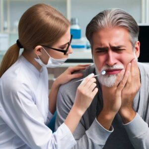 גבר סובל מכאבי שיניים מטופל במרפאה